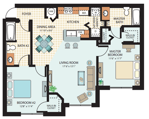 Two Bedroom Floor Plan at Spanish Trace Affordable Apartments in Tampa FL